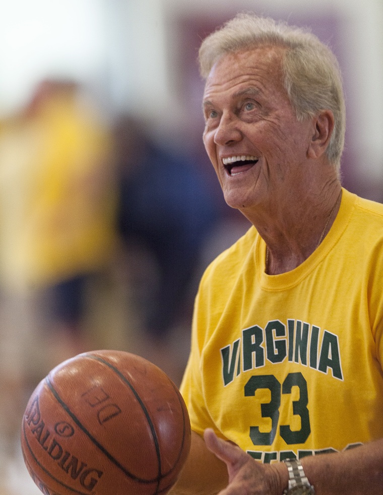 Pat Boone catches the ball during a game at the National Senior Games at the Cleveland State University Recreation Center in Cleveland, Ohio, on Sunday, July 28, 2013. Boone's team, the Virginia Creepers, won the game 38-33. (Â© Matthew A. Turner 2013/Brooks Institute)